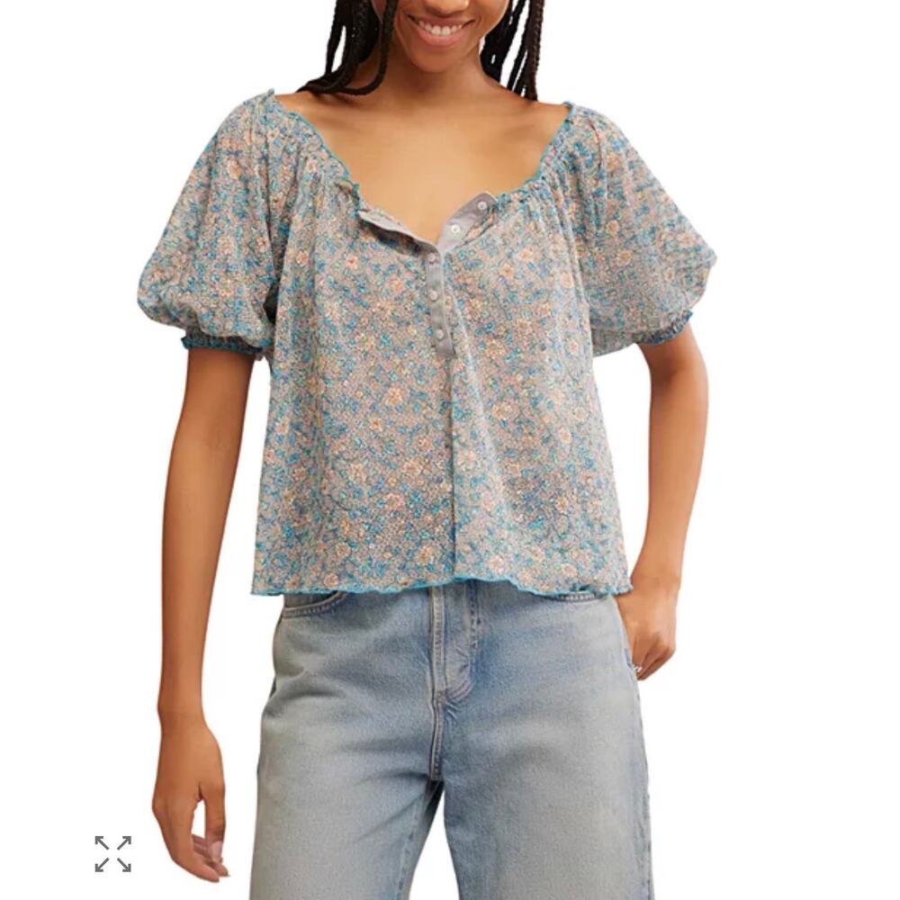 NWT FREE PEOPLE Women’s Astra Floral Print Mesh Peasant Top Medium - Picture 2 of 7